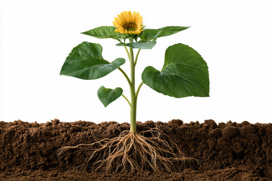 Sunflower seedling grows in soil with roots visible below the surface