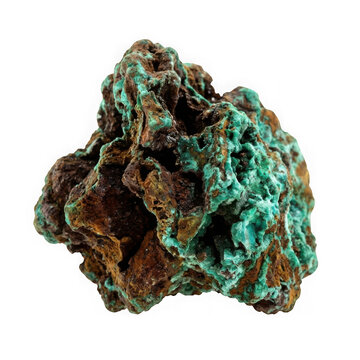 Raw piece of chrysocolla mineral stone with blue and green textures isolated on transparent background