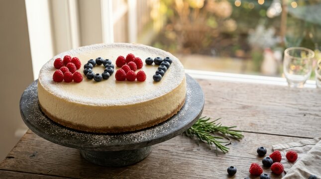 Cheesecake decorated with fresh raspberries and blueberries arranged to spell 2017 on a rustic wooden table
