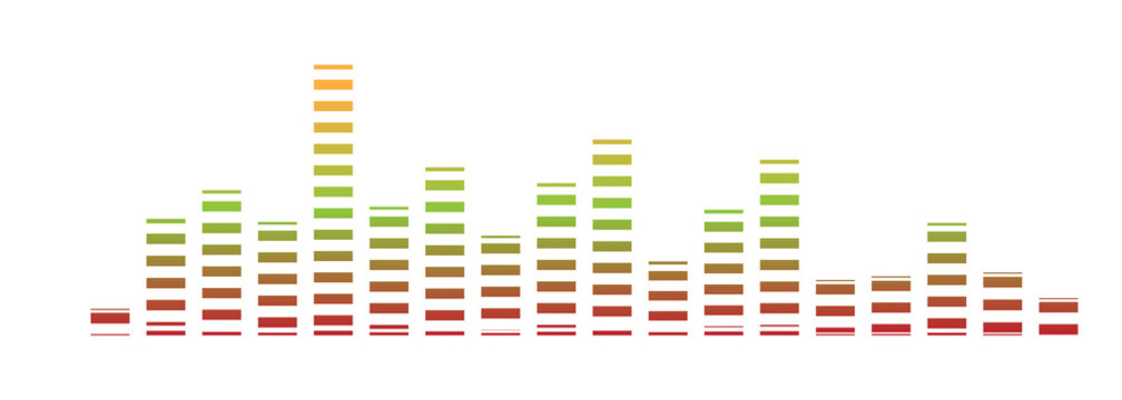 Colorful sound wave equalizer bars isolated on white background. Gradient audio frequency bars in red, yellow, and green for music design. Digital volume spectrum icon ideal for apps and media.