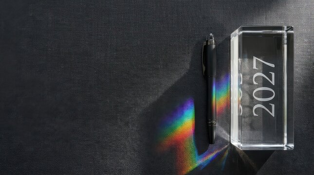 A sleek black pen placed next to a glass block engraved with the year 2027, casting a vibrant rainbow prism reflection on a dark textured surface