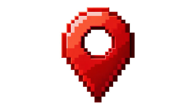 Red pixelated map marker icon, isolated on transparent background