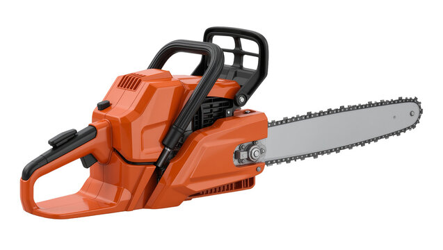 Orange and black gasoline chainsaw with metal chain, isolated on transparent background