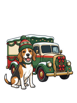 Beagle dog wearing winter hat sitting next to vintage Christmas delivery truck, isolated on white background
