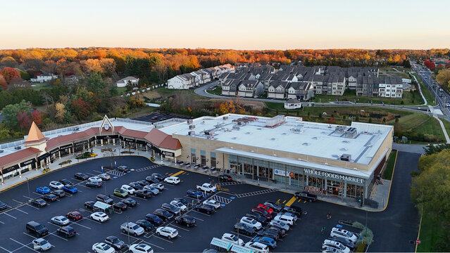 Aerial View of Whole Foods Market, Shopping Center and Townhouses in Glen Mills, Pennsylvania