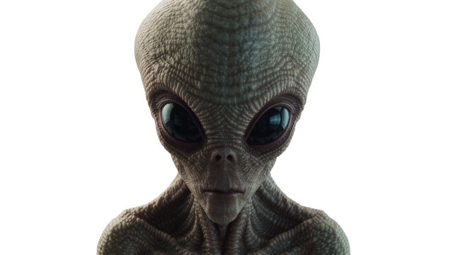 Grey alien head with large black eyes detailed skin texture, isolated on transparent background