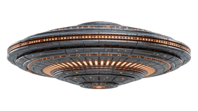 Detailed metallic flying saucer with glowing orange lights, isolated on transparent background