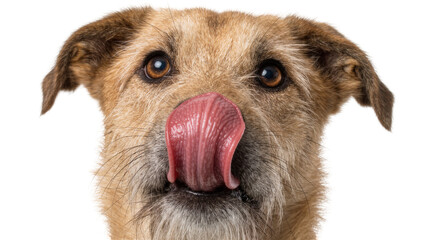 Scruffy terrier dog with tongue out licking nose, isolated on transparent background © Carlos