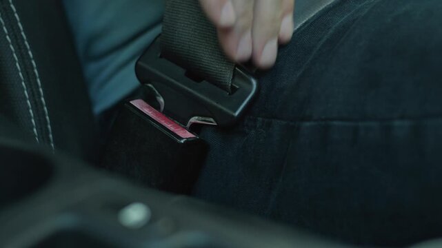 Man hand fastening and unfastening car seatbelt close up, driver buckling up and releasing seat belt mechanism, automobile safety check, road trip security and driver precaution concept