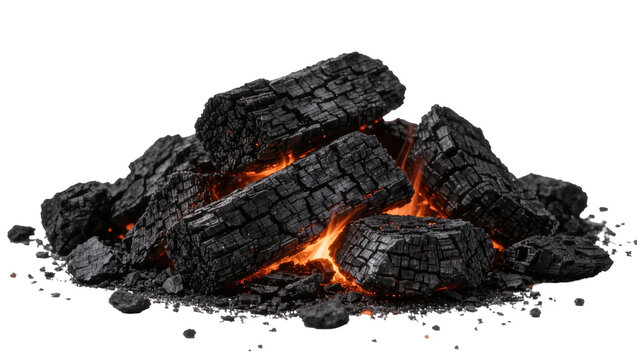 Glowing hot charcoal embers with rough textured black wood pieces, isolated on transparent background