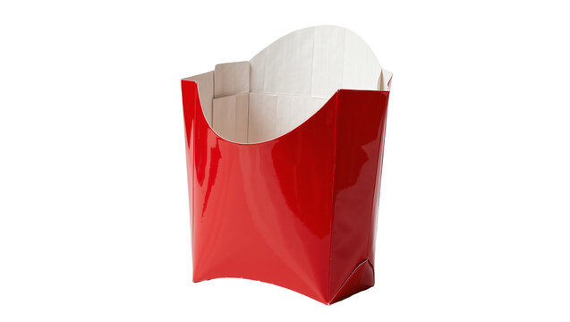 Shiny red paper french fry container empty and clean, isolated on transparent background