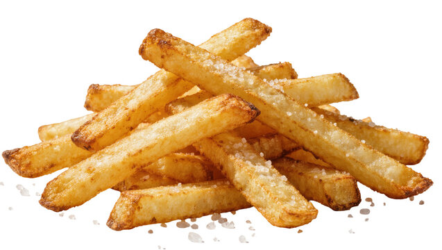 Golden brown french fries sprinkled with coarse salt, isolated on transparent background