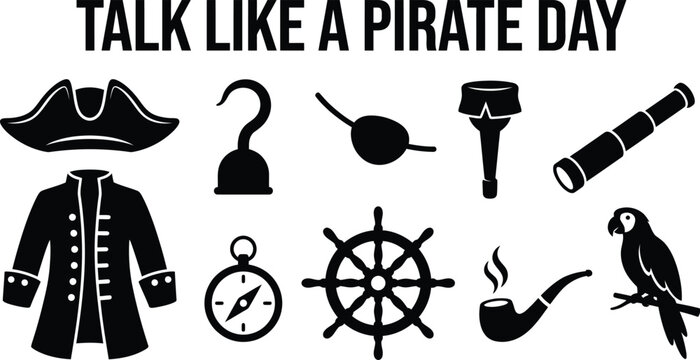 Talk Like a Pirate Day vector illustration featuring black silhouette icons of captain hat, coat, hook hand, eyepatch, peg leg, telescope, compass, ship wheel, pipe, and parrot