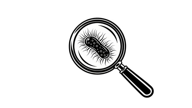 Magnifying glass examining a single bacterium with flagella, isolated on transparent background