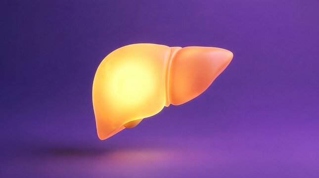 3d human liver with glowing right lobe on purple gradient background