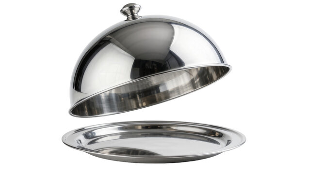 Shiny stainless steel cloche lid lifted above matching serving platter, isolated on transparent background