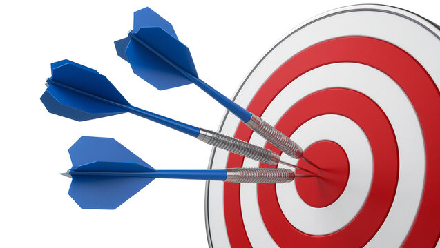Three blue darts hitting the bullseye of a red and white target, isolated on transparent background