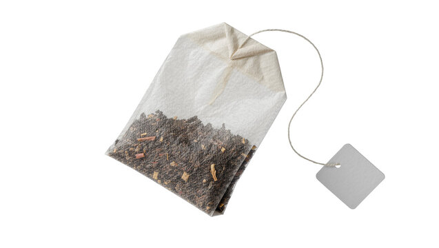 Paper tea bag filled with loose leaf tea and string with tag, isolated on transparent background