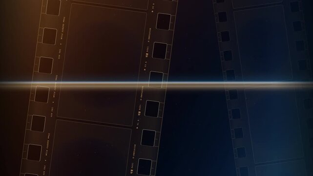 35mm celluloid film strips scrolling vertically through a projector with anamorphic lens flares and vintage light leaks in a dark cinematic environment for film industry marketing