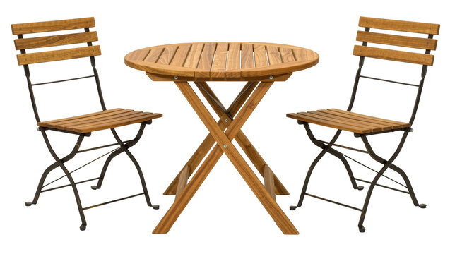 Wooden slatted folding bistro table and chairs set, isolated on transparent background