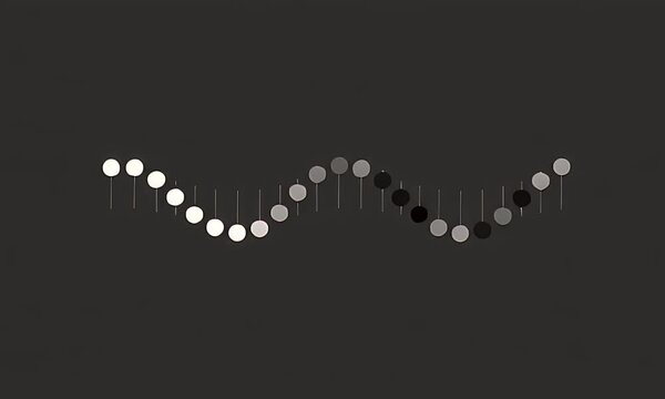 A gradient of circular shapes on thin stems form a wavy line across a dark background