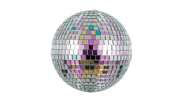 Sparkling disco ball covered in mirrored squares, isolated on transparent background