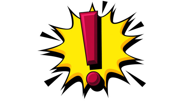 Bold red exclamation mark in a yellow comic book explosion burst, isolated on transparent background