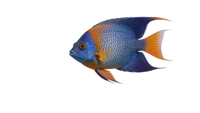 Vibrant blue and orange cichlid fish swimming, isolated on transparent background