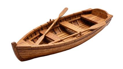Wooden rowboat with oars resting inside, isolated on transparent background © Carlos