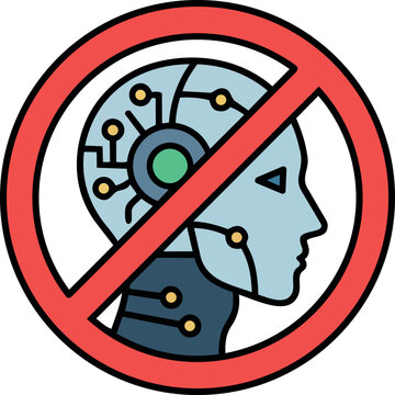 No Artificial Intelligence Symbol with Human Head and Circuit Brain