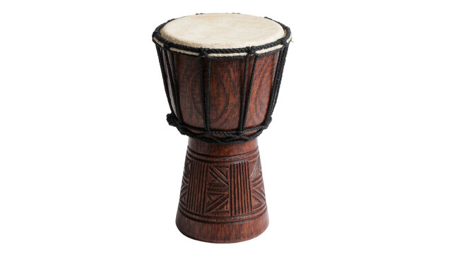 Carved wooden djembe drum with natural skin head, isolated on transparent background