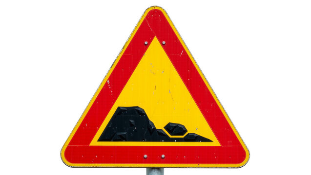 Yellow triangular warning sign with black gravel symbol, isolated on transparent background