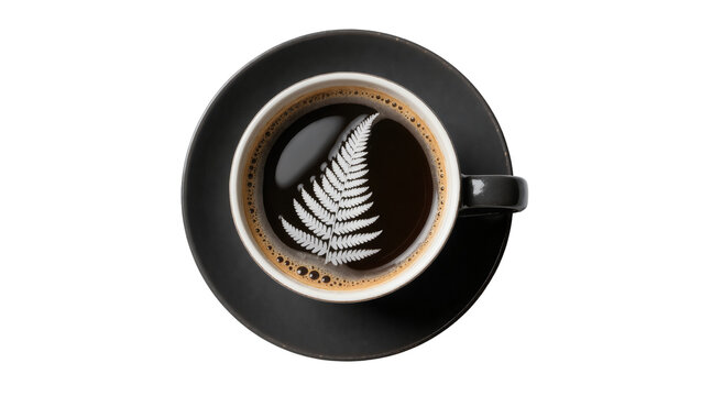 Black coffee cup with white fern leaf reflection, isolated on transparent background