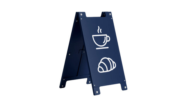 Dark blue A-frame sign with white coffee cup and croissant icons, isolated on transparent background