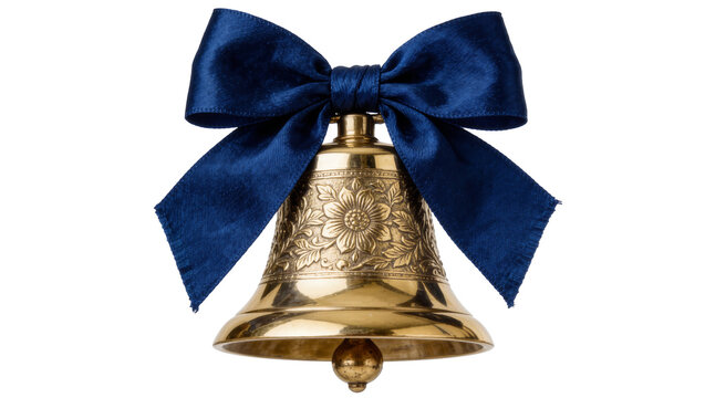 Ornate golden bell with embossed floral pattern and blue satin bow, isolated on transparent background