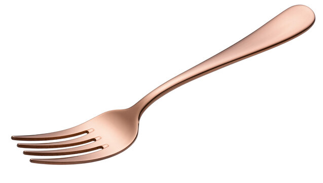 Polished rose gold metal fork with four tines, isolated on transparent background