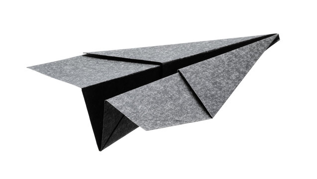 Grey felt origami airplane, isolated on transparent background