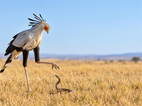 Secretary bird raises one long leg toward a snake in golden grassland beneath a clear blue sky with open copy space showing a dramatic wildlife encounter and natural hunting behavior in the savanna