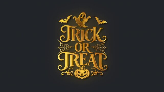 Golden trick or treat happy halloween logo with animated floating ghost seamless loop isolated text animation on transparent alpha channel background with glow and drop shadow 4K