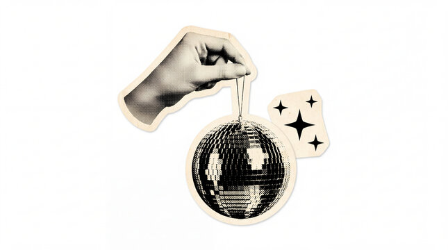 Disco ball held by retro hand sticker in monochrome halftone collage style with sparkle stars, isolated on white background for club party invitations, music posters, or retro graphic design