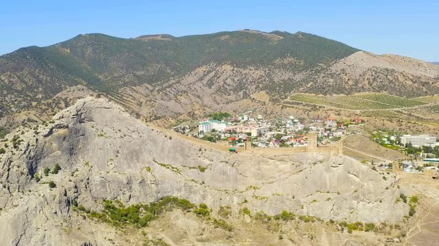 Sudak, Crimea. Genoese fortress in Sudak. Medieval fortress with an area of over 30 hectares. on the Black Sea coast. Drone footage, Point of interest
