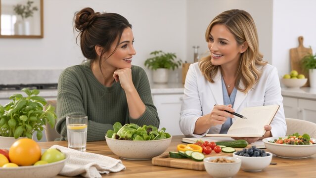 Two women smile while discussing a healthy meal at a wooden kitchen table, surrounded by fresh vegetables, fruit, salad bowls, and a notebook in a bright modern home.