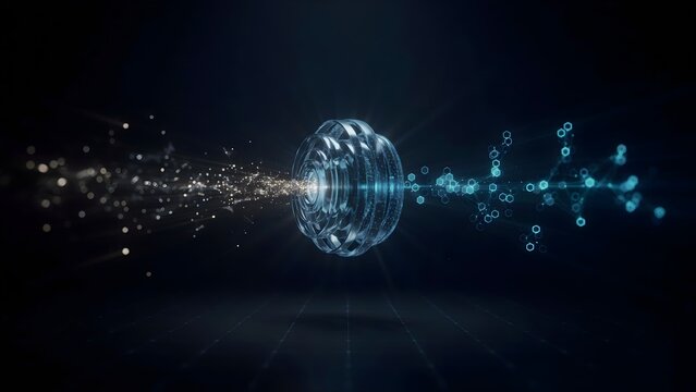 Abstract enterprise data receiving contextual meaning through artificial intelligence, raw disconnected information particles entering a central context engine