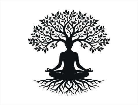 Black silhouette graphic of a person meditating in lotus pose integrated with a large tree meditation silhouette yoga pose tree of life nature connection black art