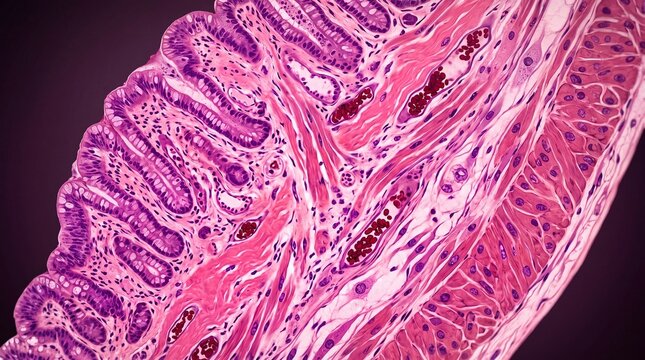 Microscopic histology of human tissue with blood vessels