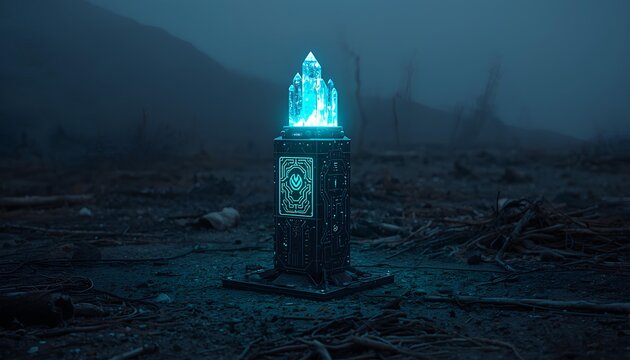 Glowing blue crystal monolith pillar standing in a dark foggy mystical landscape