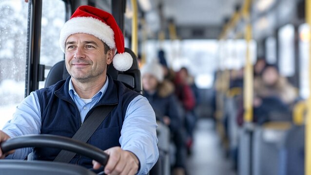 Bus driver wearing Santa hat with passengers on board, Christmas public transportation and holiday travel concept