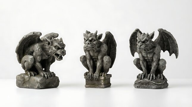 Three detailed stone gargoyle statues isolated on white background
