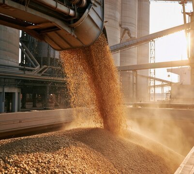 Large-scale grain loading operation at an industrial agricultural terminal, a stream of golden wheat grain pouring from a metal loading chute into the open cargo hold of a bulk carrier