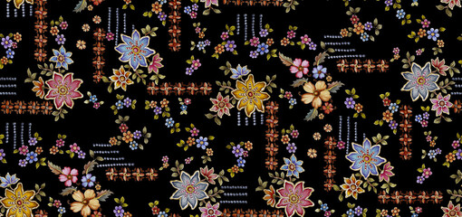 seamless floral pattern Art Beautiful seamless floral pattern featuring hand-painted flowers, ornamental paisley motifs, and decorative foliage in soft pastel and vibrant hues. The design combines pi  © Venkatsai
